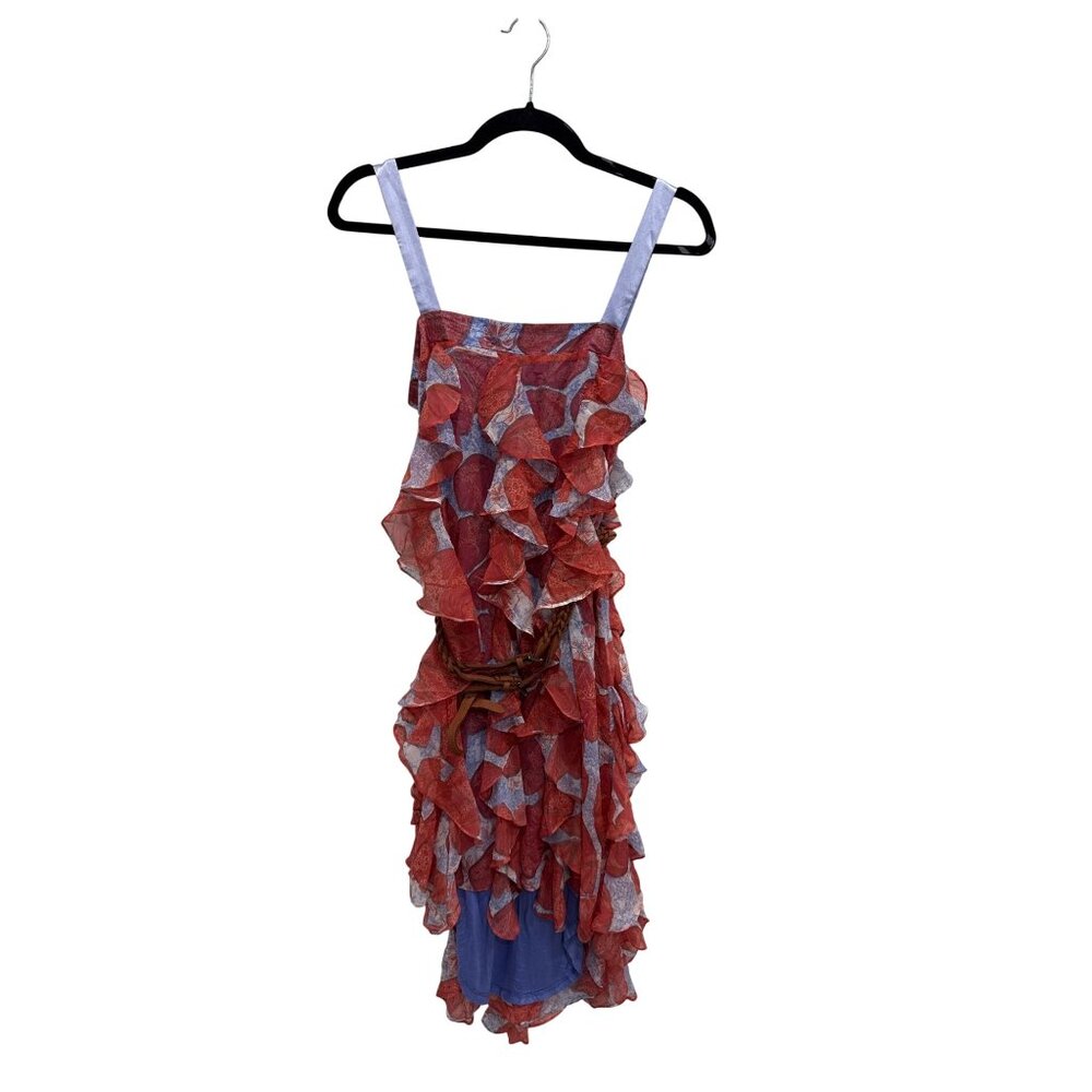 Jessica Simpson Ruffled Midi Dress Boho Style Red & Blue Floral Print Belted Siz - Picture 2 of 5
